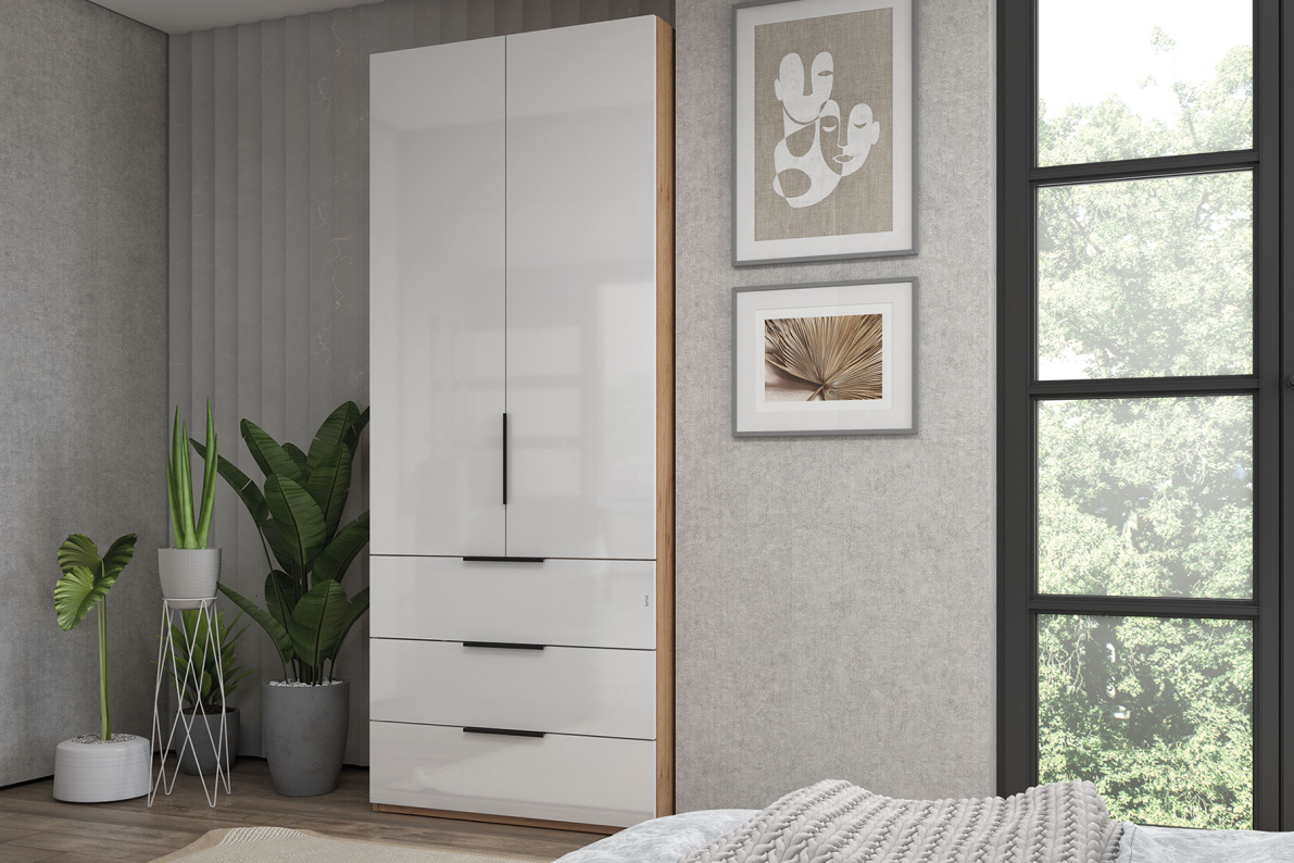 Шкаф 2-х дверный с полками и ящиками, 90 см ЛюксБелый глянец