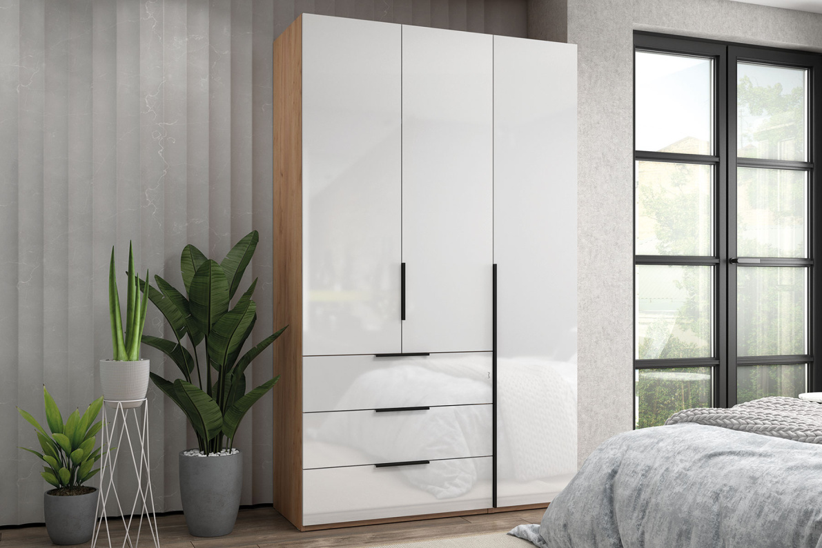 Шкаф 3-х дверный с полками и ящиками, 135 см ЛюксБелый глянец