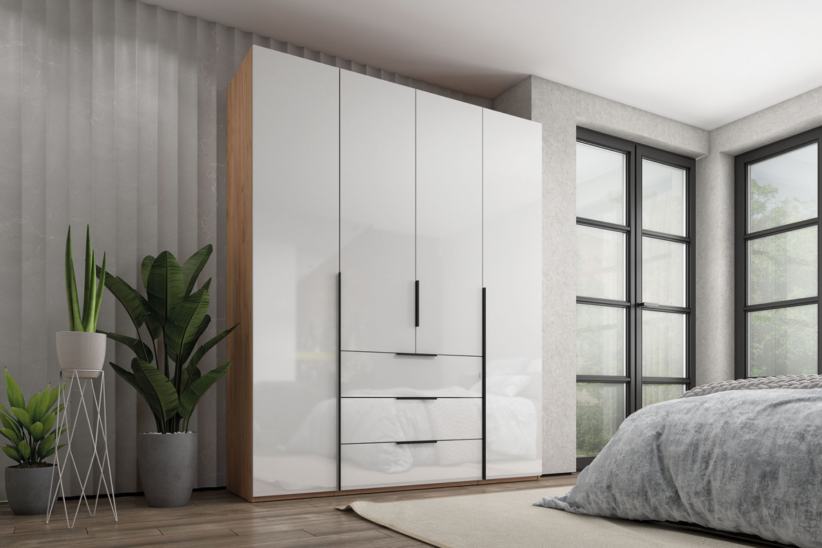 Шкаф 4-х дверный с полками и ящиками, 180 см ЛюксБелый глянец